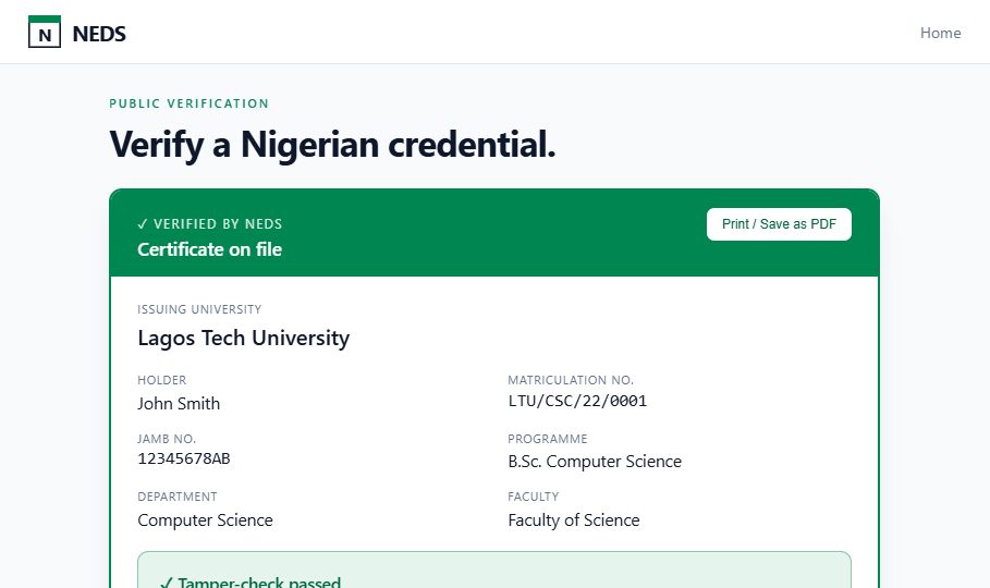 NEDS public verification — a verified Nigerian certificate with tamper-check passed